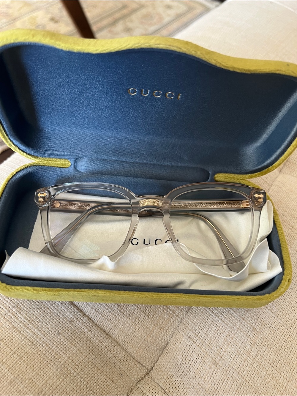 Gucci Translucent Gray Square frame with Gold Accents（no glasses)